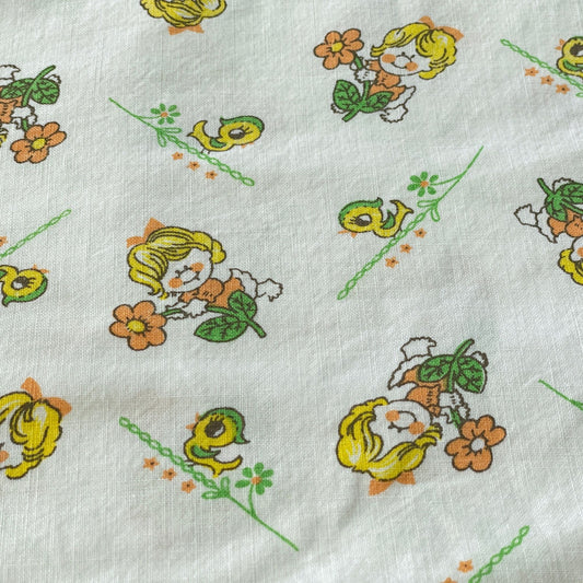 Vintage 60s children pillowcase, daisies and ducks, orange, green and yellow