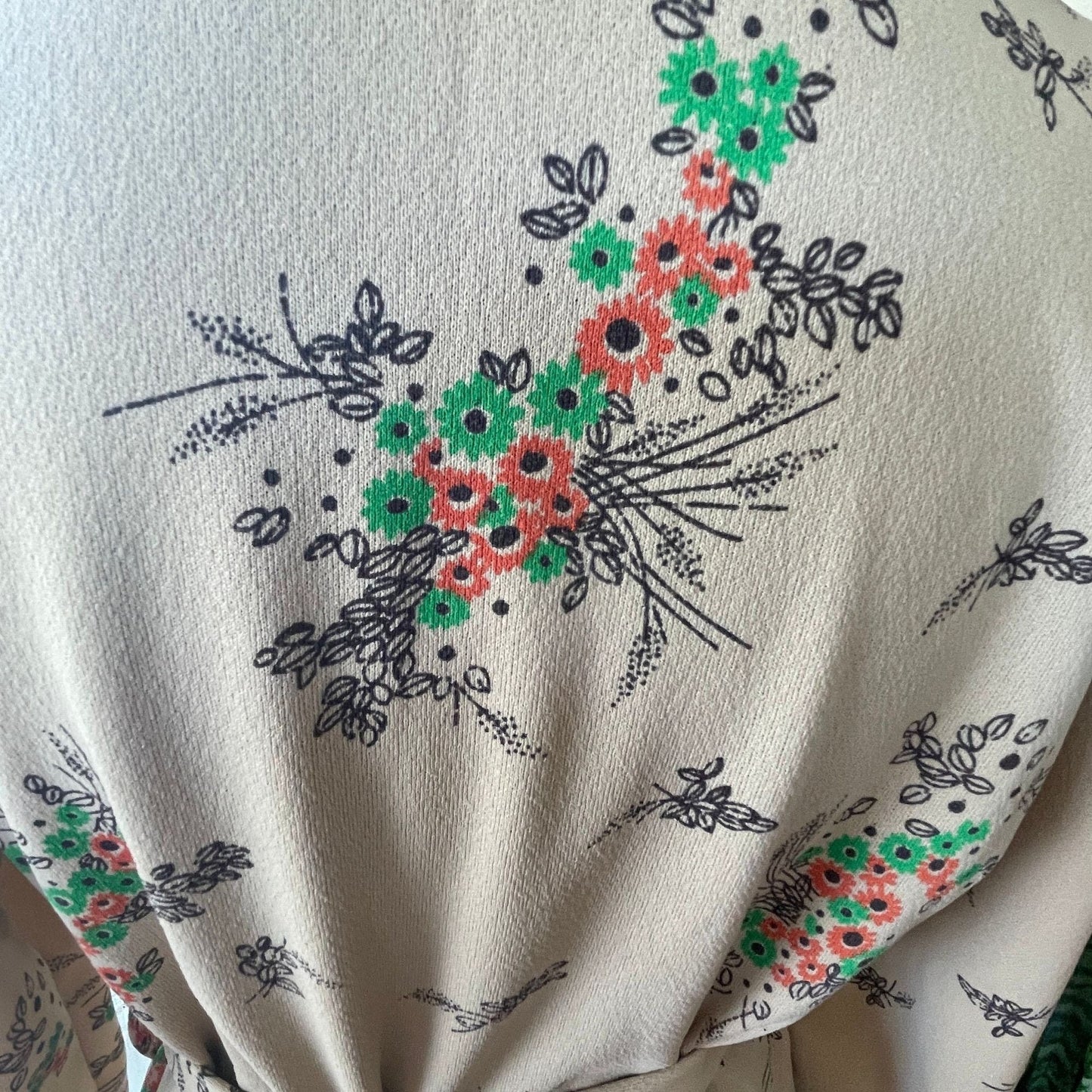 Vintage 70s house dress, light taupe with orange and green floral
