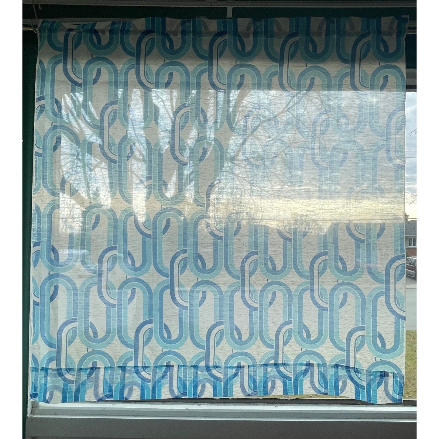 Vintage 70s blue geometric curtain, single panel