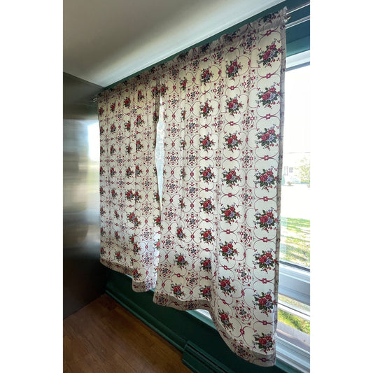 Vintage 60s black out curtains, red white floral