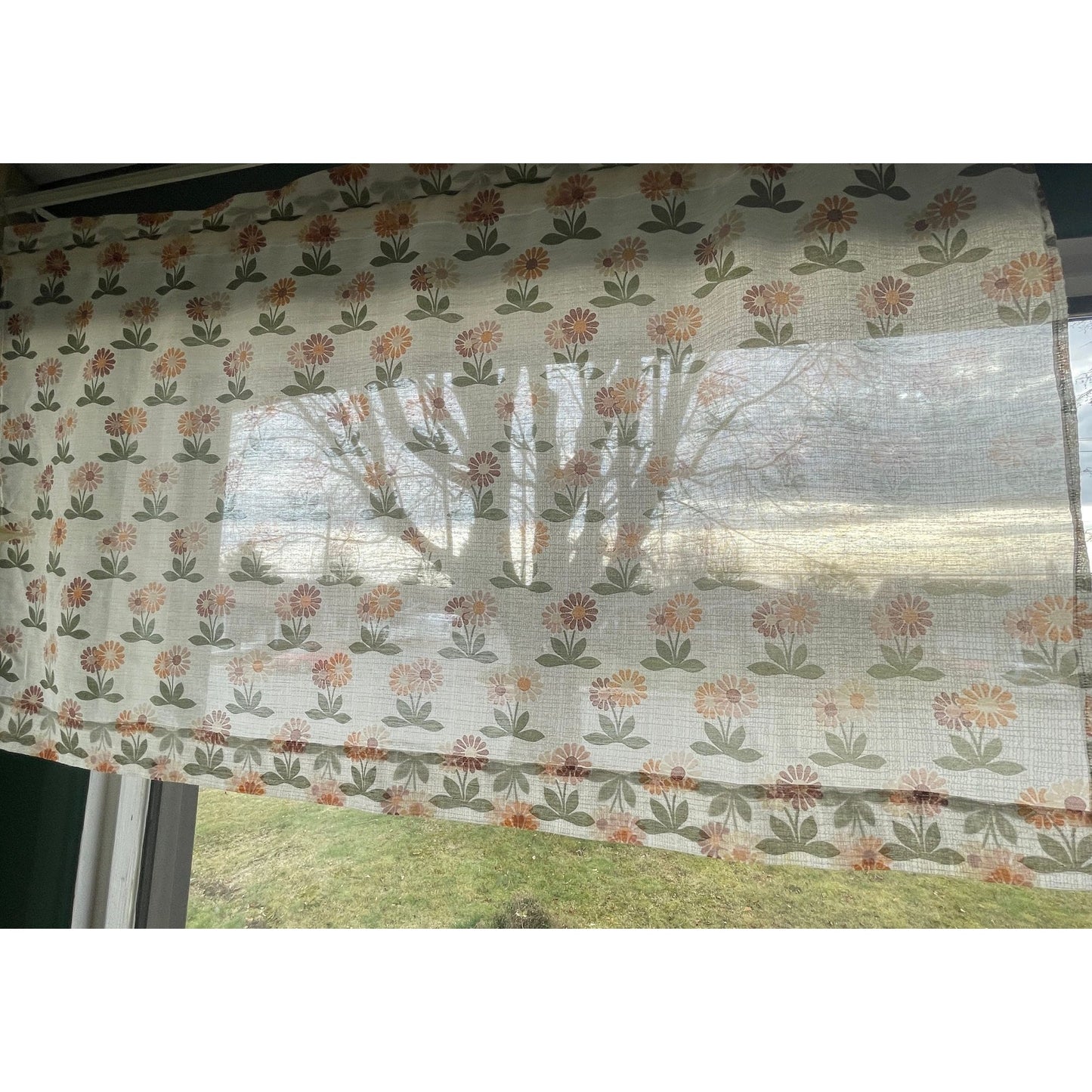 Vintage 70s curtain, brown orange floral, sheer panel