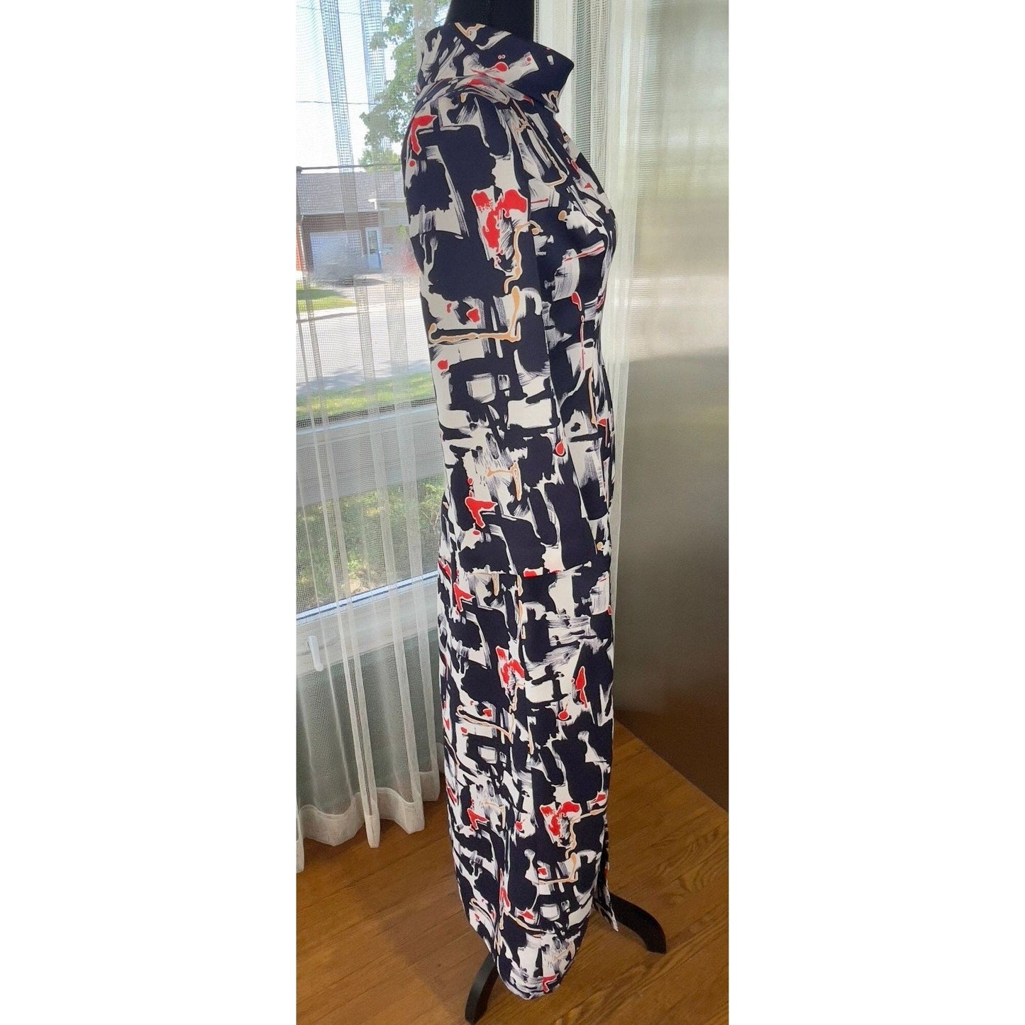 Vintage 70s maxi dress, blue, white and red MOD pattern, long sleeves, front double slit