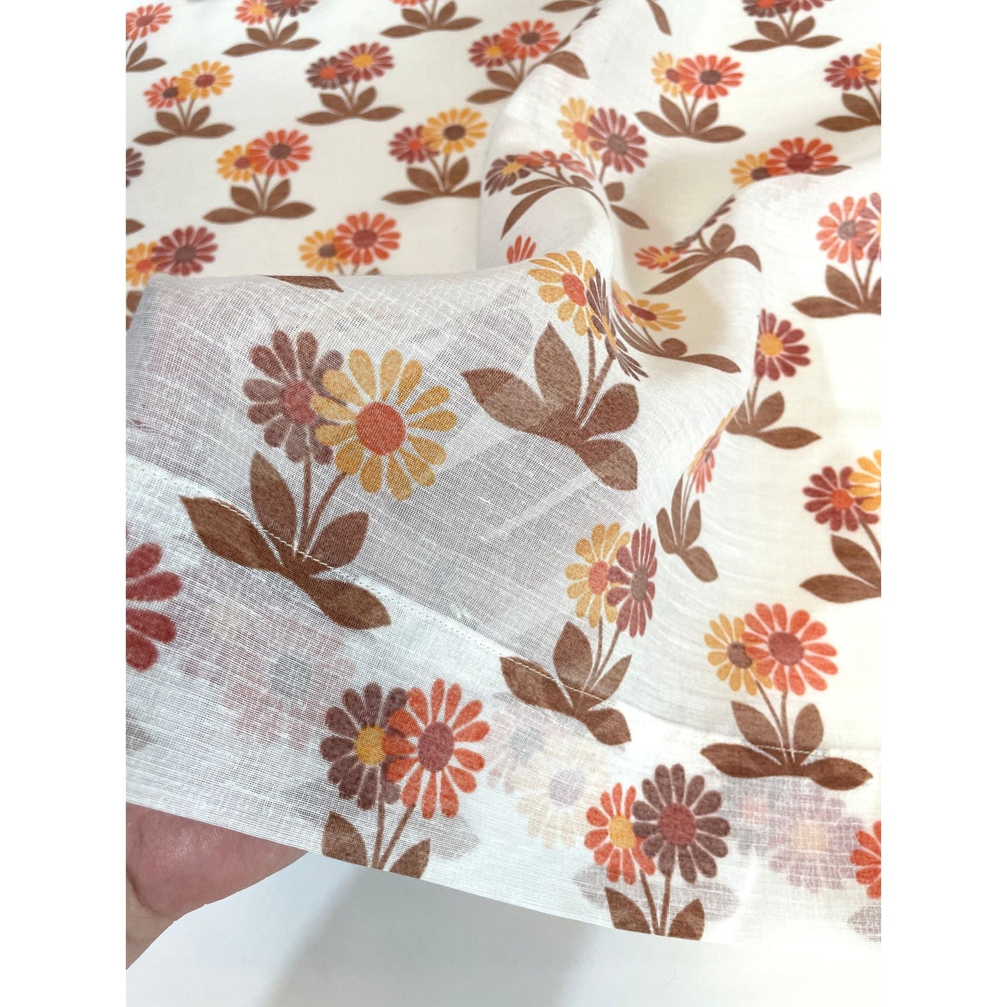Vintage 70s curtain, brown orange floral, sheer panel