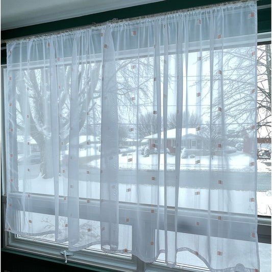 Vintage 80s curtain, white peach geometric pattern, sheer panel