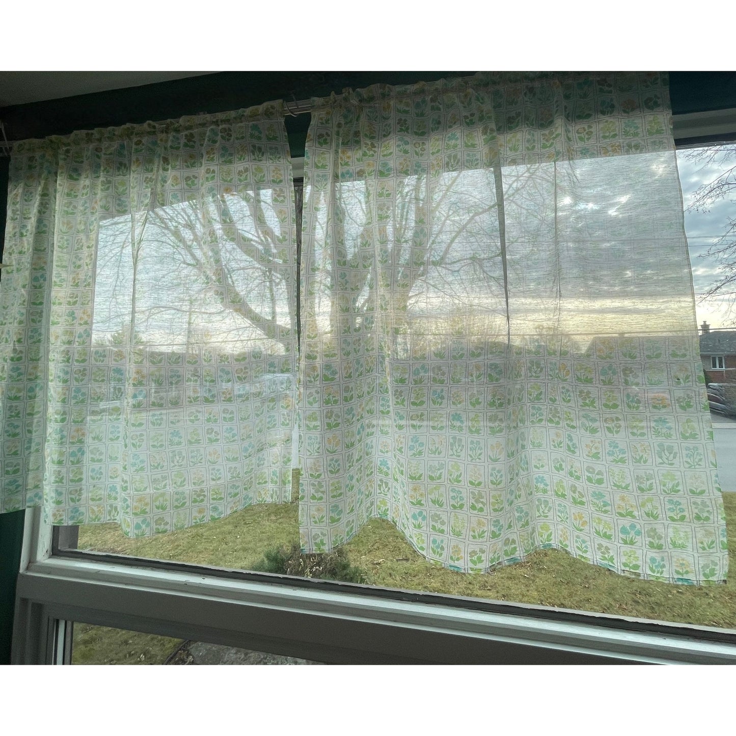 Vintage 80s curtains, sheer green yellow floral, pair with tiebacks