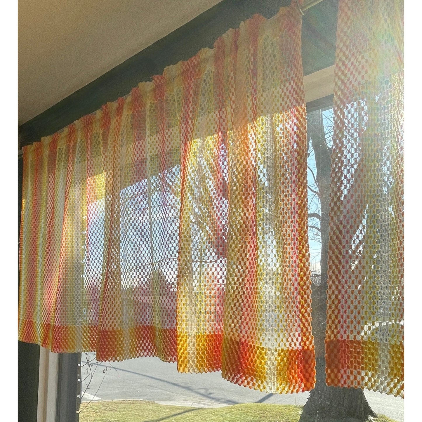 Vintage 70s curtain, orange yellow ombre pattern, mesh panel