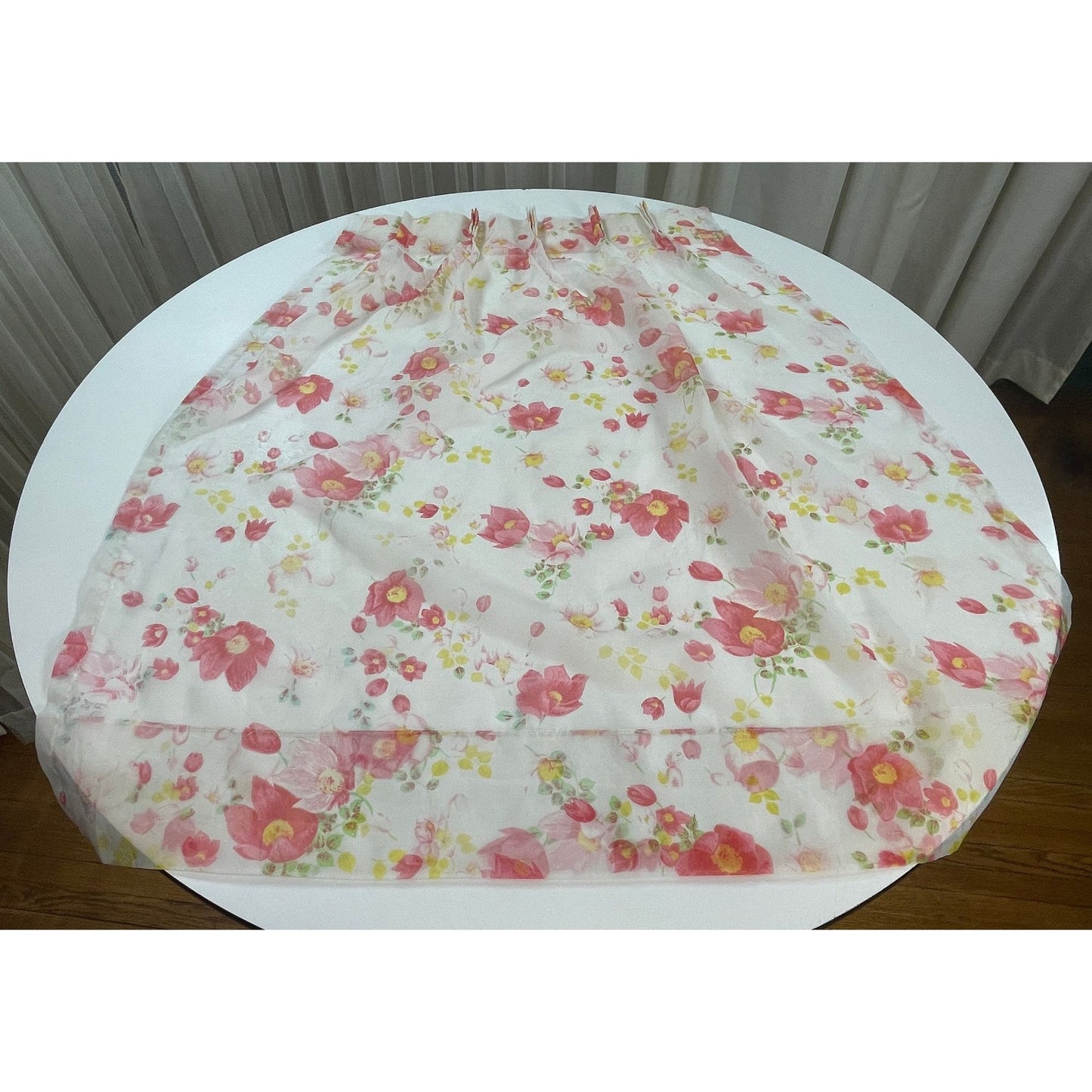 Vintage 70s pleated curtain, pink floral, sheer panel