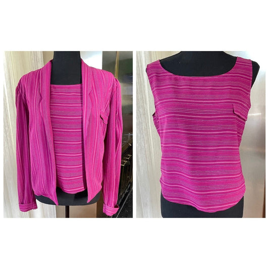 Vintage 80s twinset, pink striped long sleeves blouse with camisole