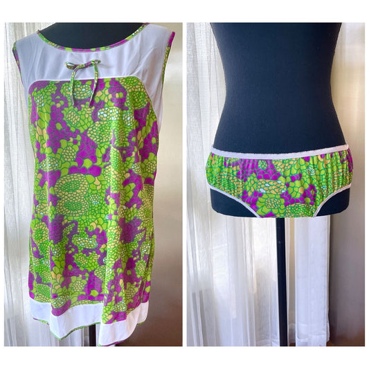 Vintage 1970s babydoll set, MOD purple, green floral top and underwear