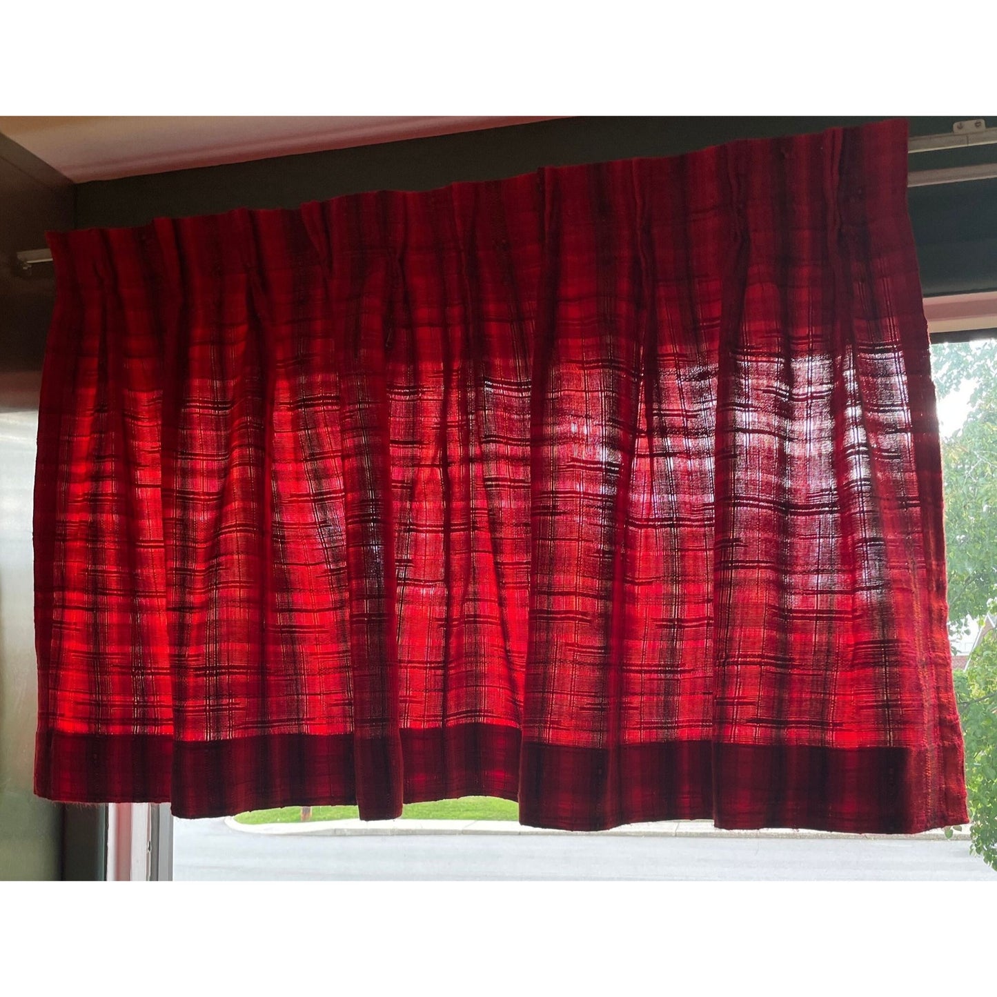Vintage 70s pleated curtain, red stripes, woven panel