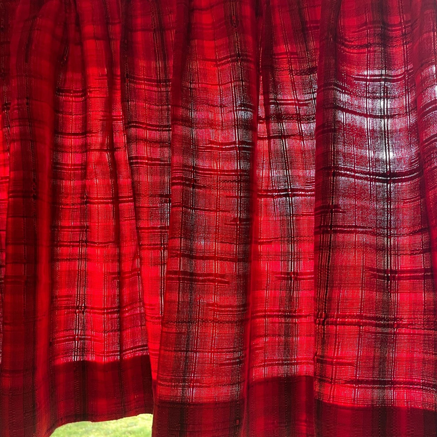 Vintage 70s pleated curtain, red stripes, woven panel
