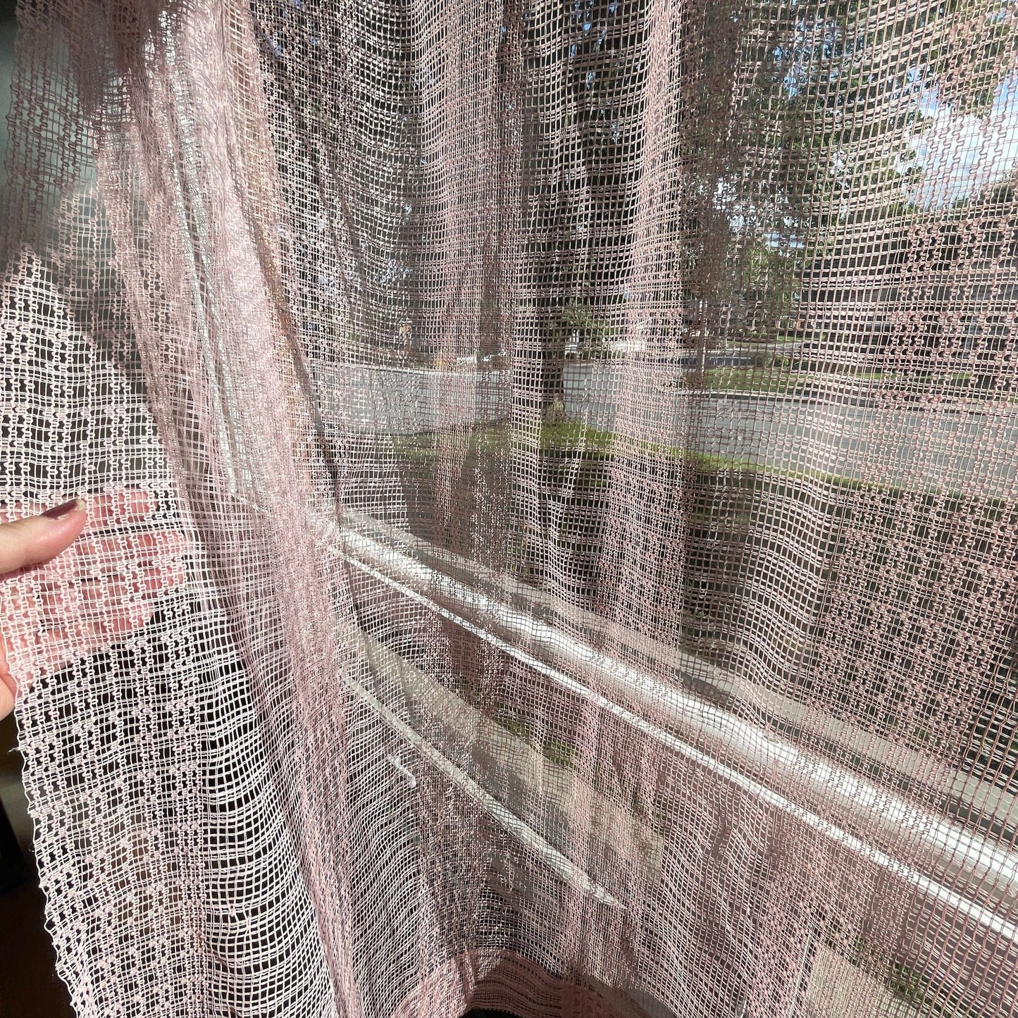 Vintage 80s curtain, blush pink mesh