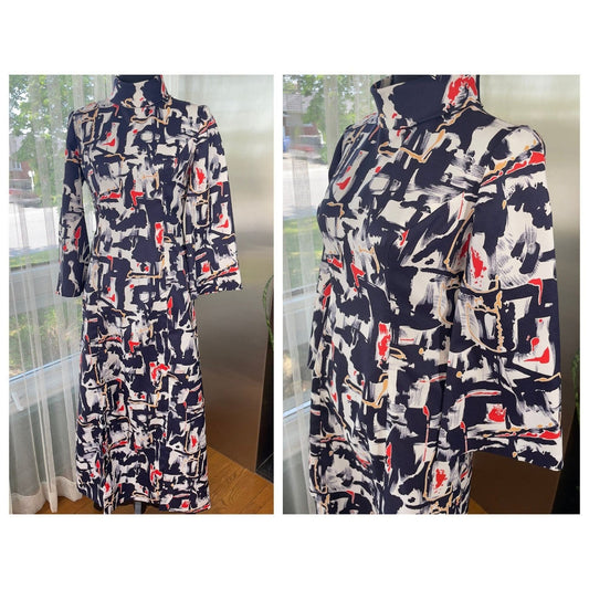 Vintage 70s maxi dress, blue, white and red MOD pattern, long sleeves, front double slit