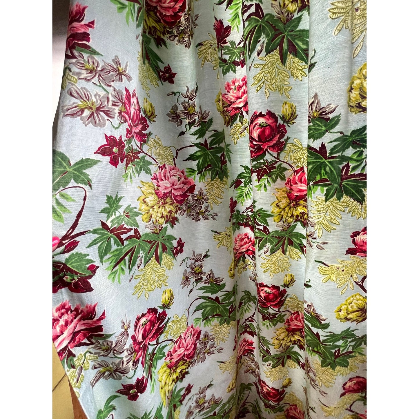 Vintage MCM pleated floral curtain panel, robin egg blue, pink yellow floral, greenery