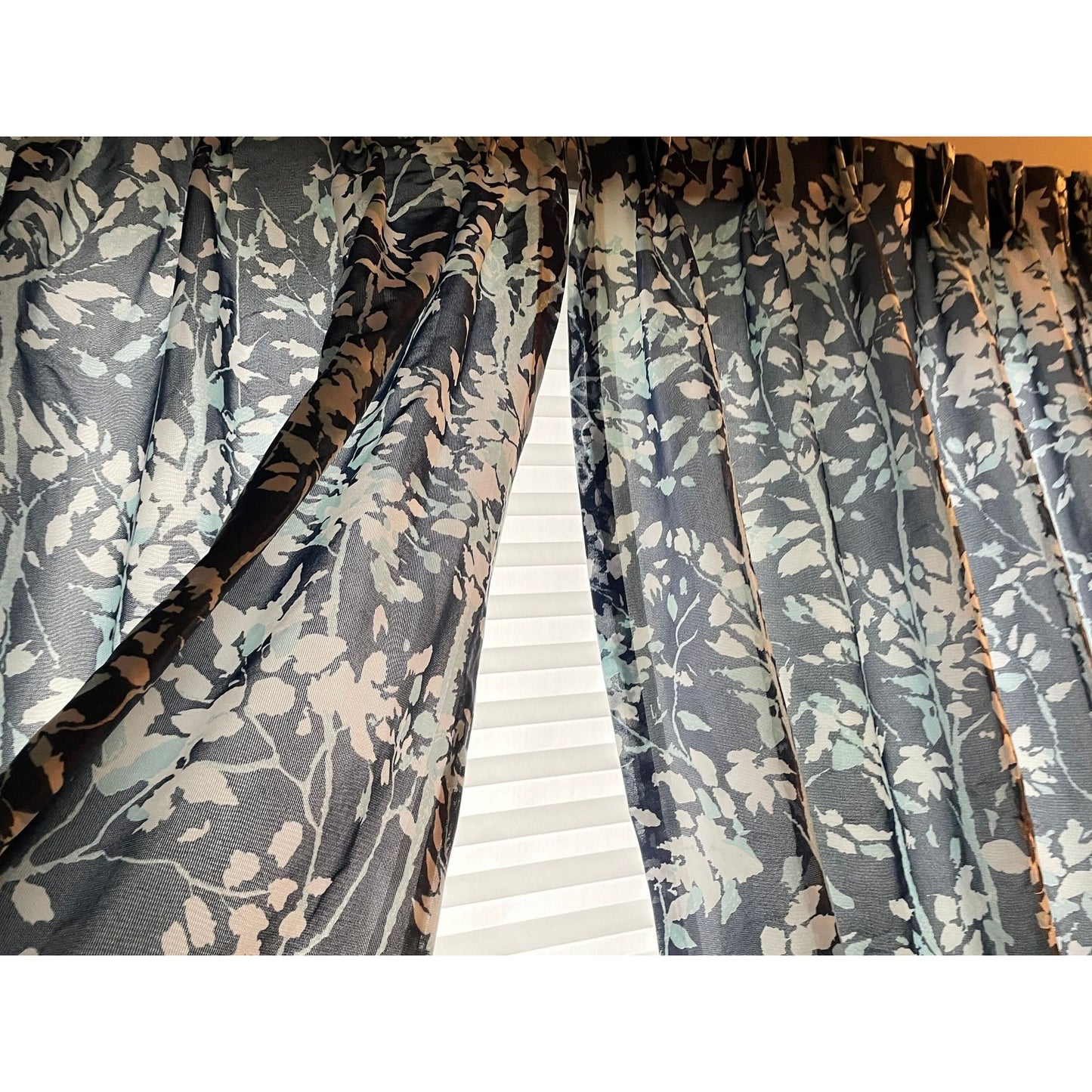 Vintage 60s pleated curtain, large blue flowers