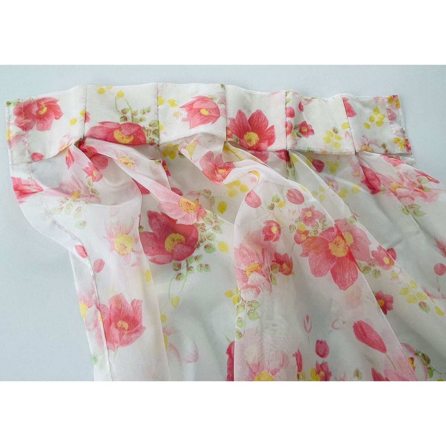 Vintage 70s pleated curtain, sheer pink floral panel