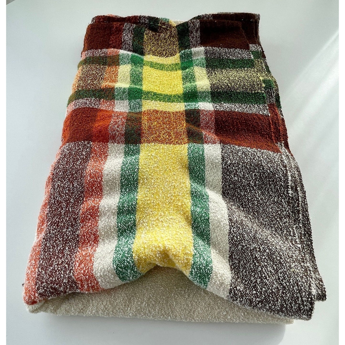 Vintage bed throw, beige brown plaid
