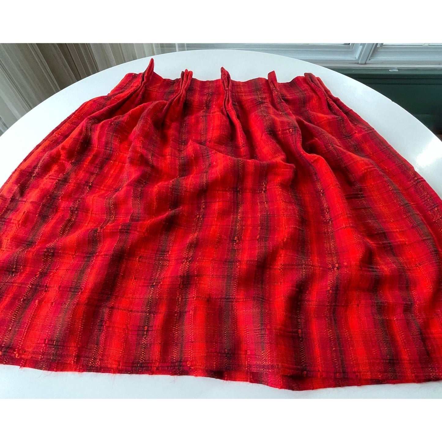 Vintage 70s pleated curtain, red stripes, woven panel