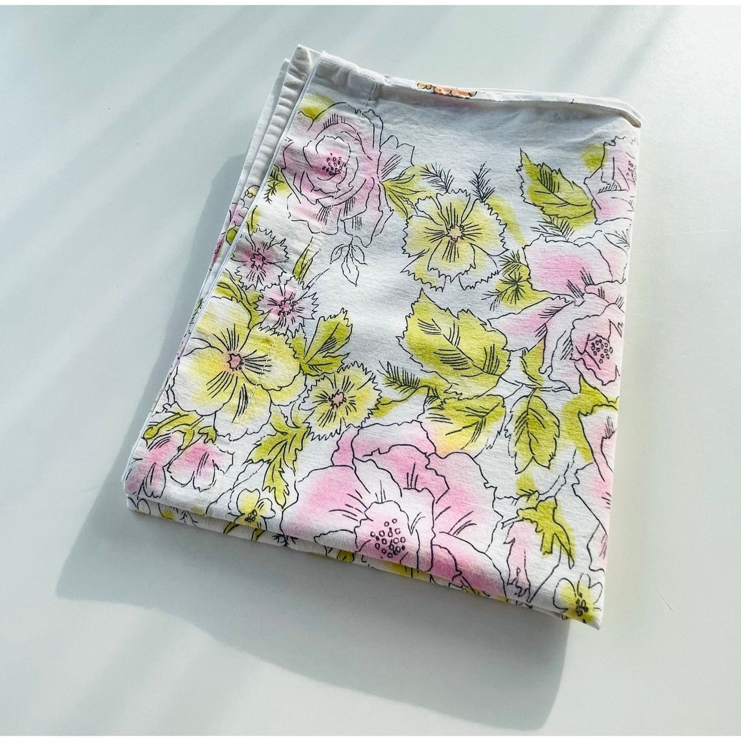 Vintage 70s pillowcase, pink and yellow flowers