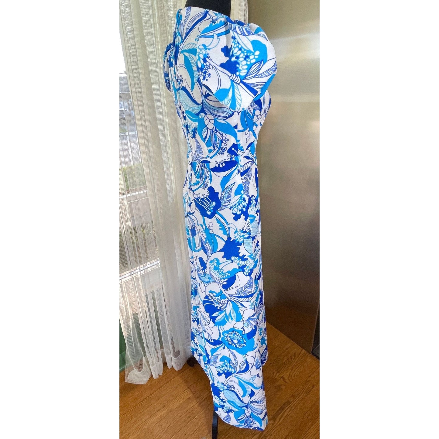 Vintage 1960s maxi dress, large tropical blue flowers