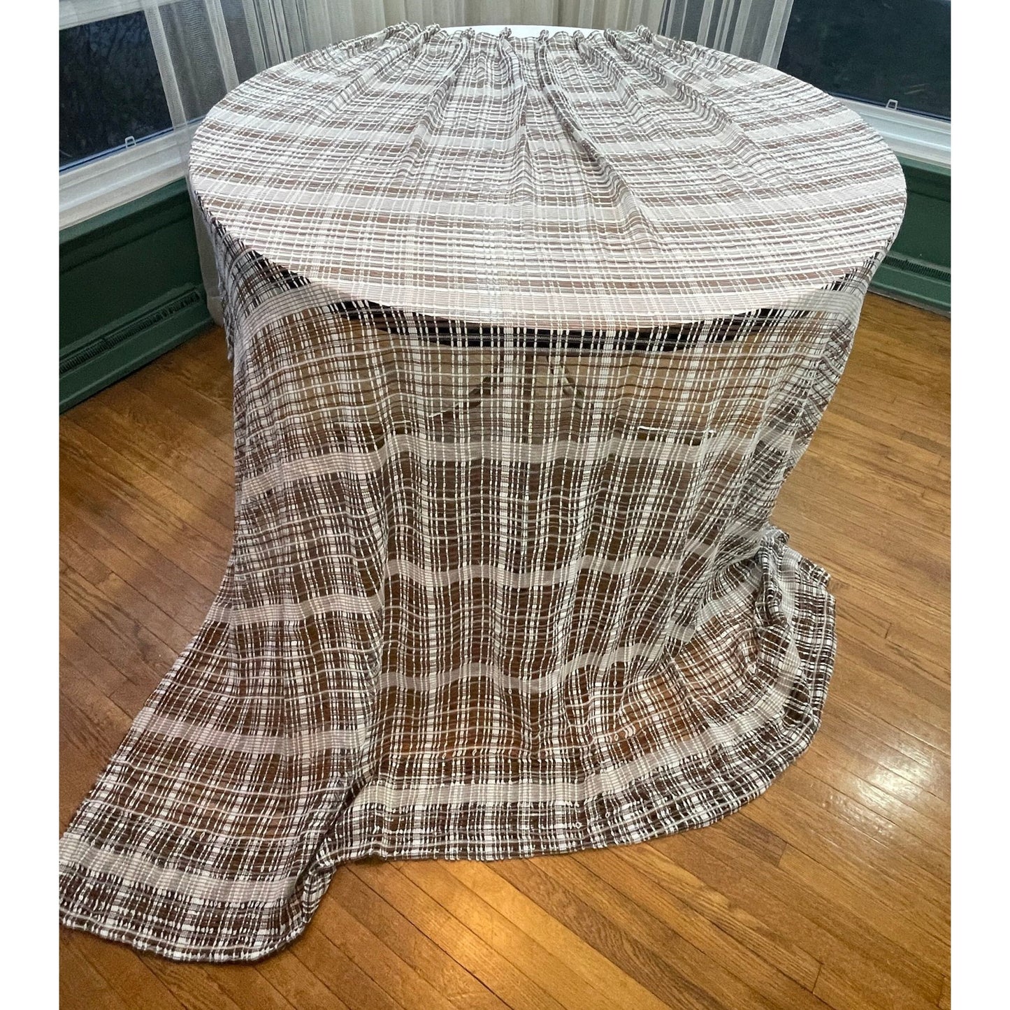 Vintage 70s pleated curtain, brown mesh panel