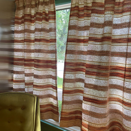 Vintage 70s pleated curtains, brown stripes