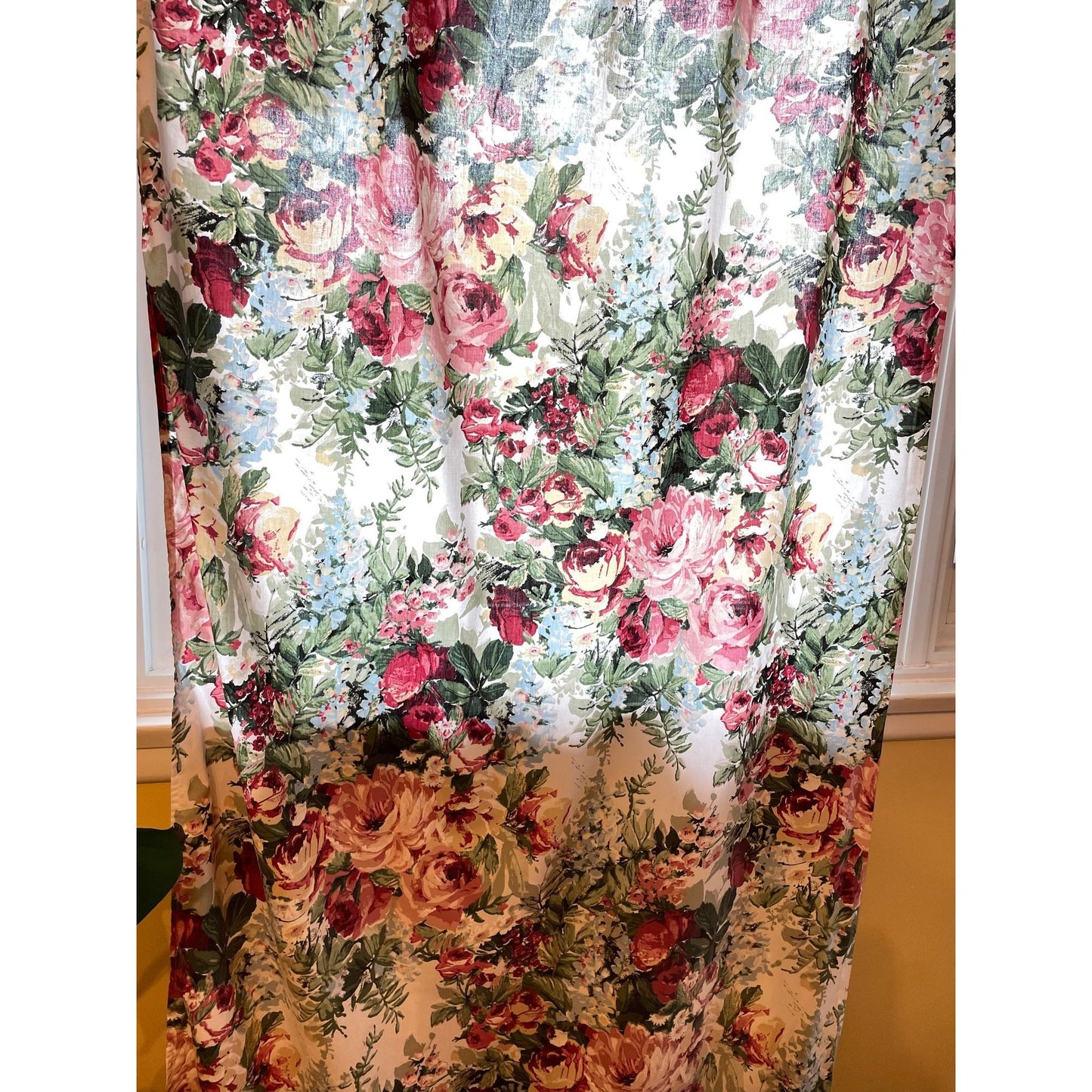 Vintage 80s curtain, green pink floral, ruffled bottom panel