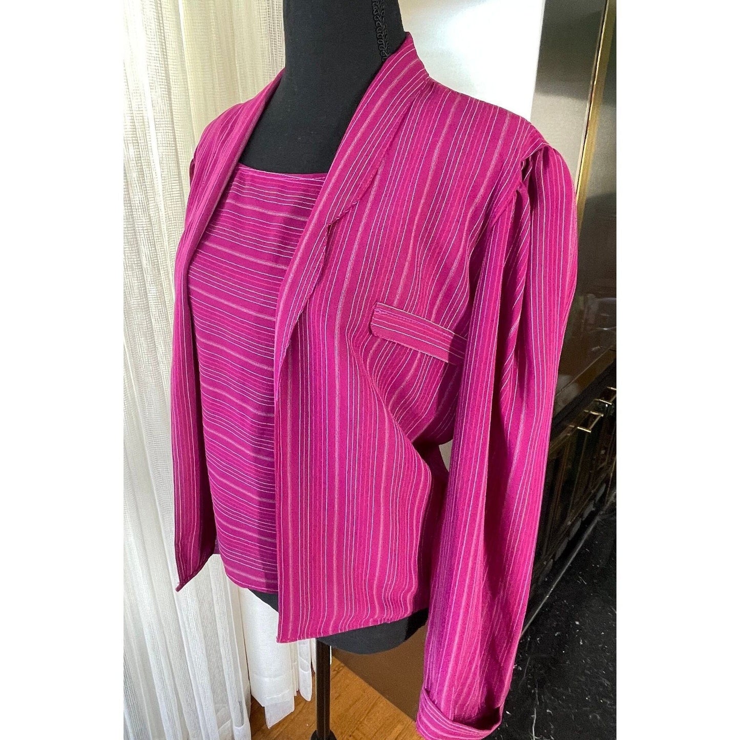 Vintage 80s twinset, pink striped long sleeves blouse with camisole