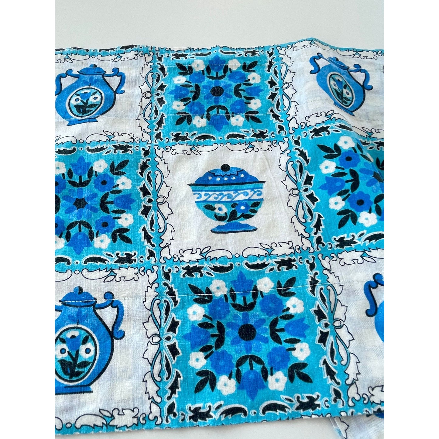 Vintage 70s curtain, blue and white valance