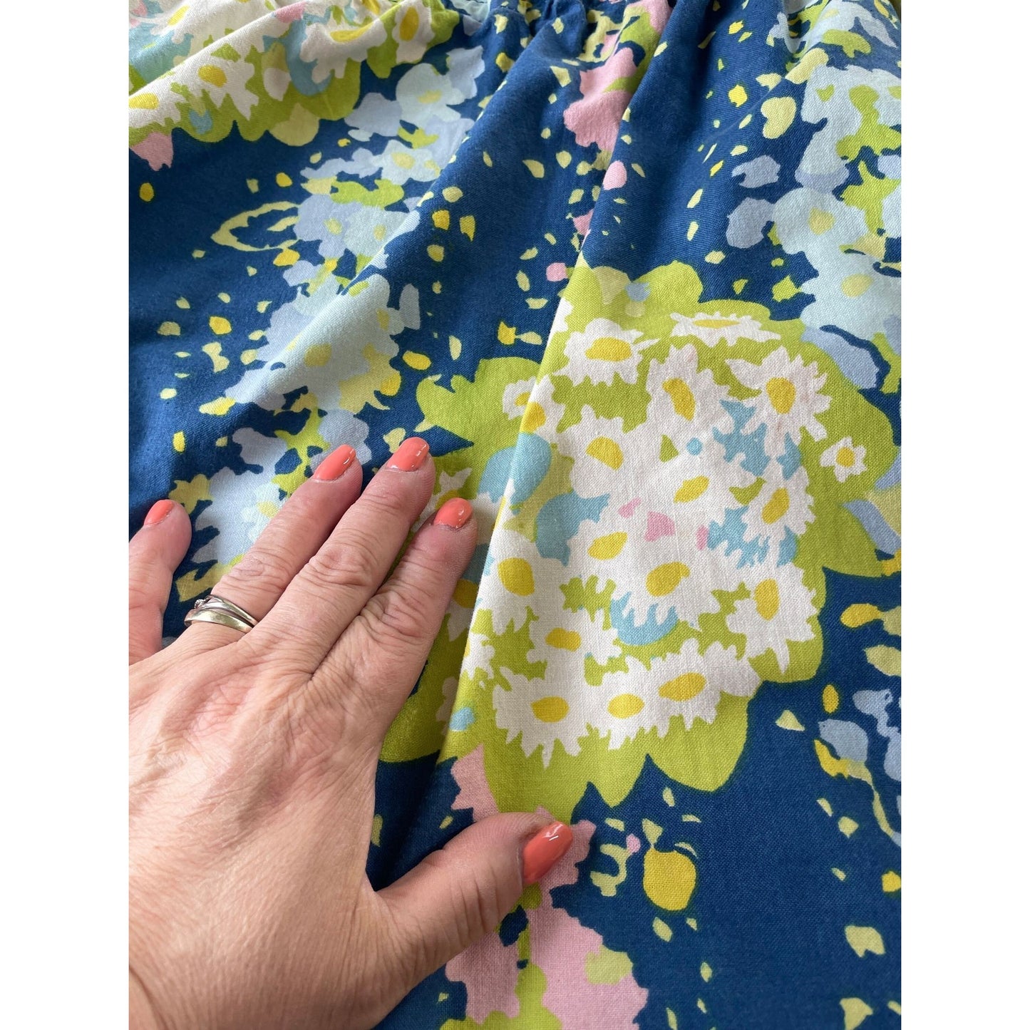 Vintage 80s pleated curtain, blue, green floral panel