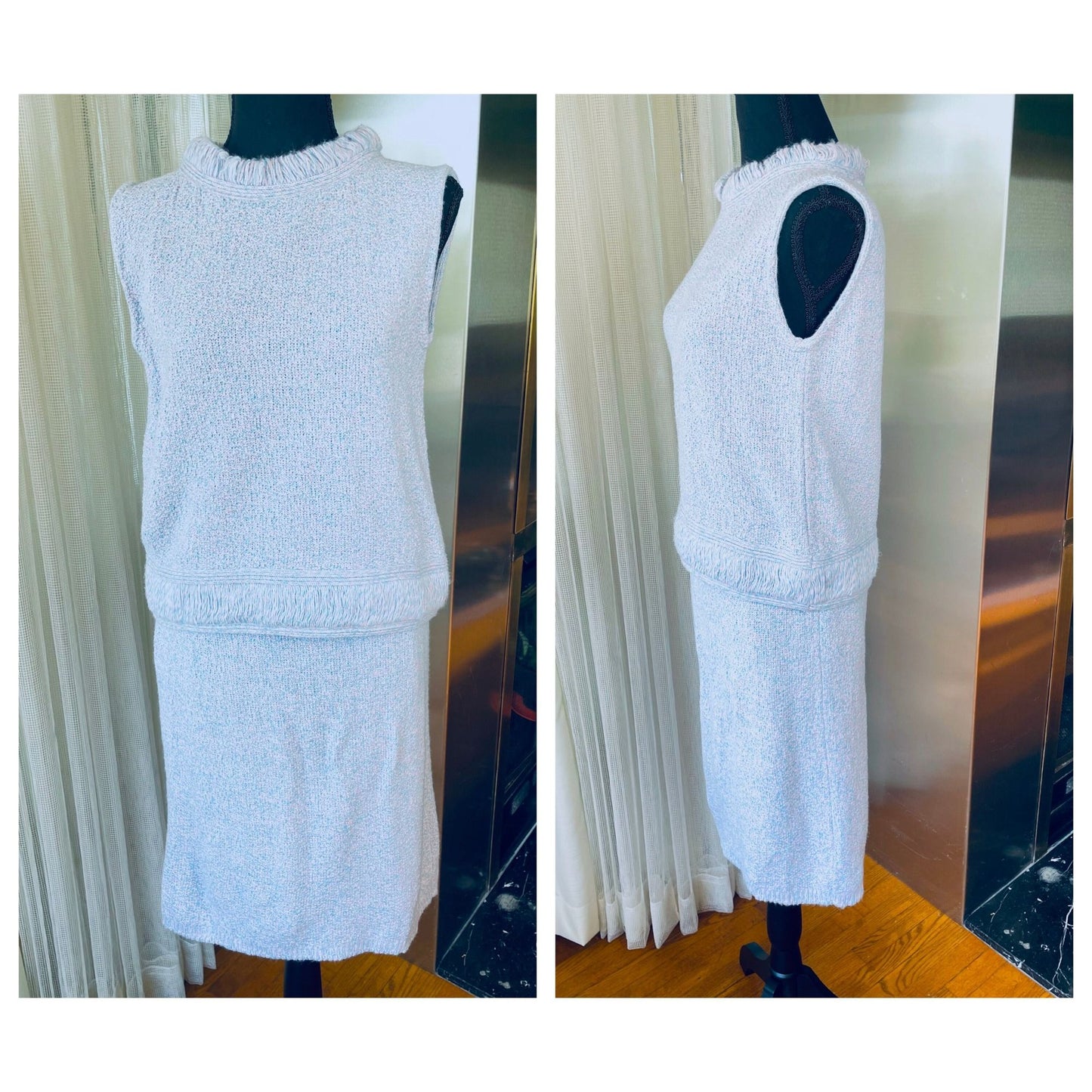 Vintage 60s two pieces set, pink and blue, wool top and straight skirt, Lady Anne