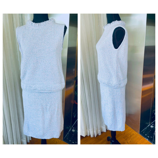 Vintage 60s two pieces set, pink and blue, wool top and straight skirt, Lady Anne