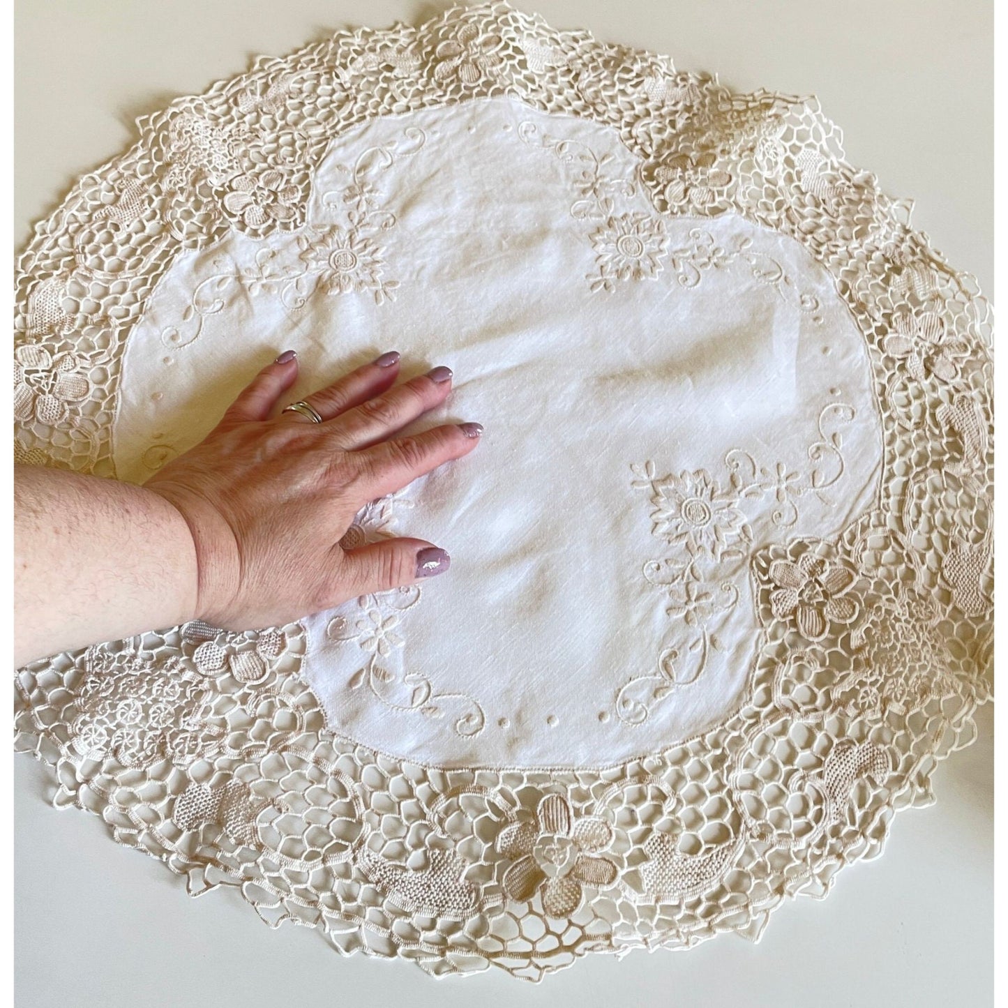 Vintage embroidered and crochet doily, 20 inches wide