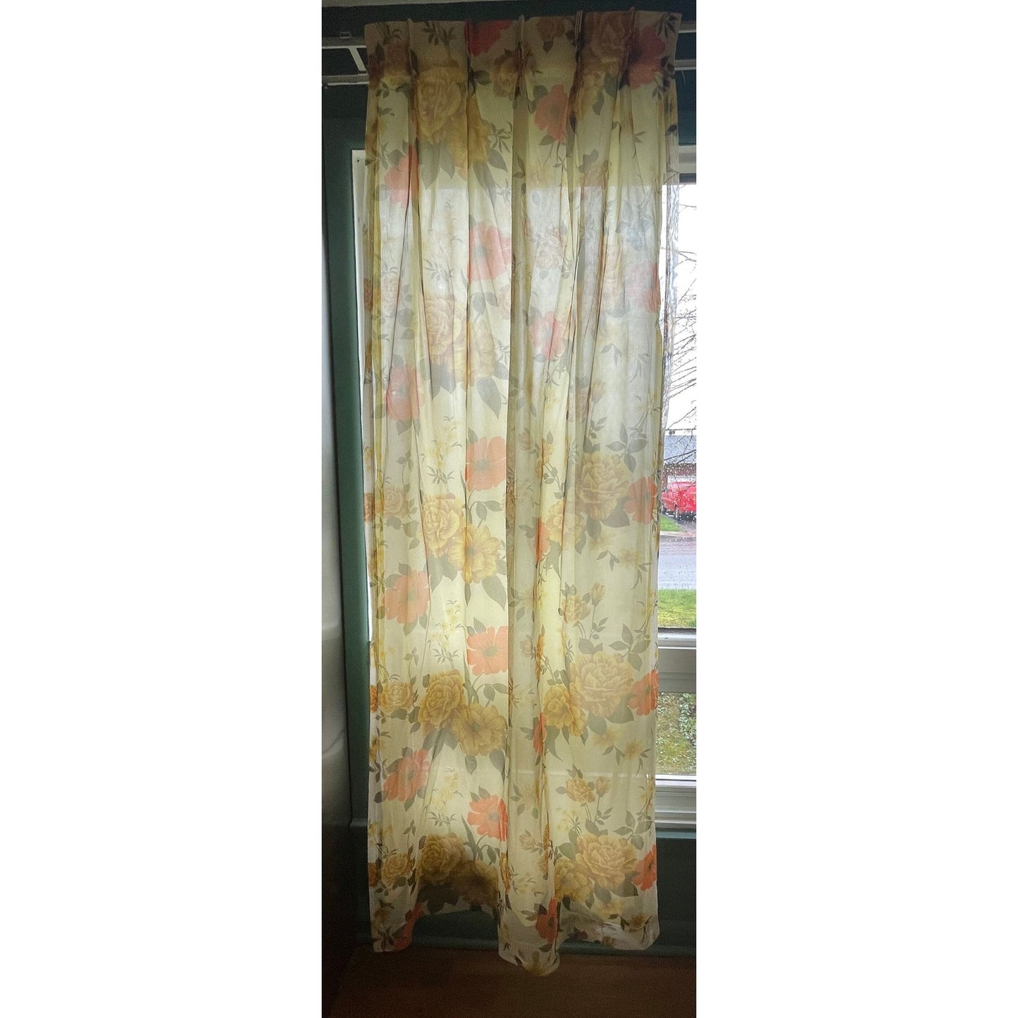 Vintage 60s pleated curtain, yellow orange floral sheer panel