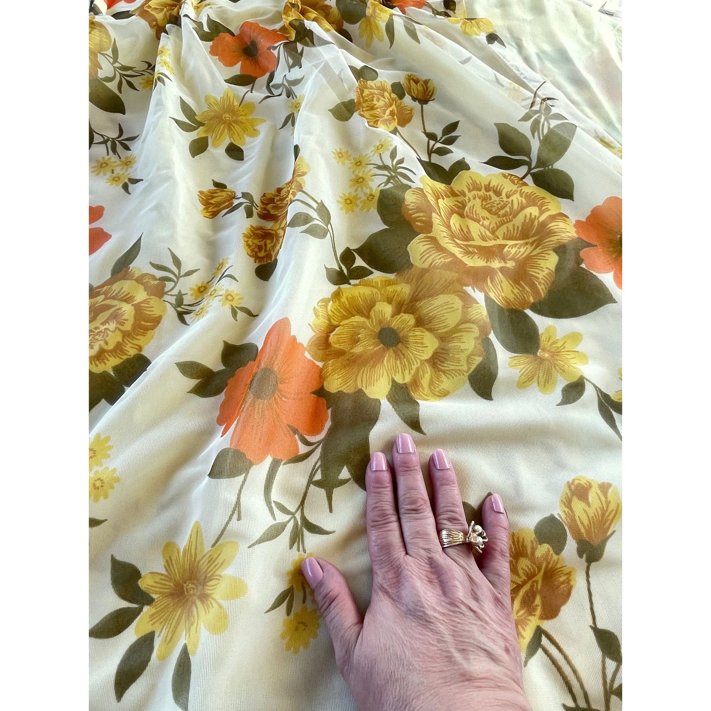 Vintage 60s pleated curtain, yellow orange floral sheer panel