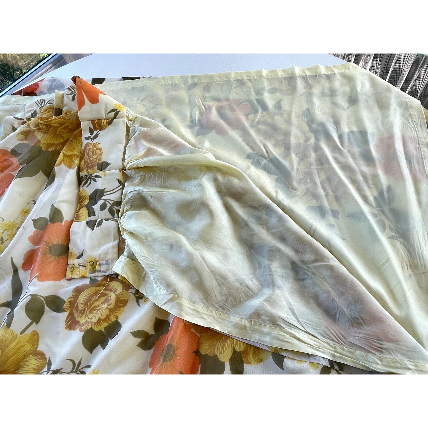 Vintage 60s pleated curtain, yellow orange floral sheer panel