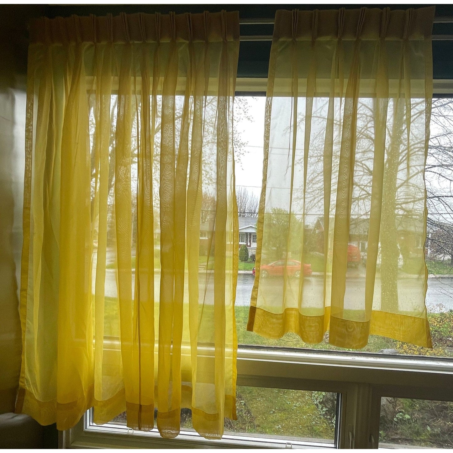 Vintage 70s pleated curtain, golden yellow sheer panel