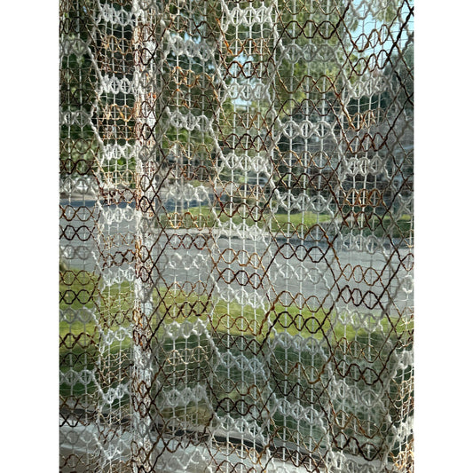 Vintage 70s pleated curtain, tan brown honeycomb pattern, open weave panel