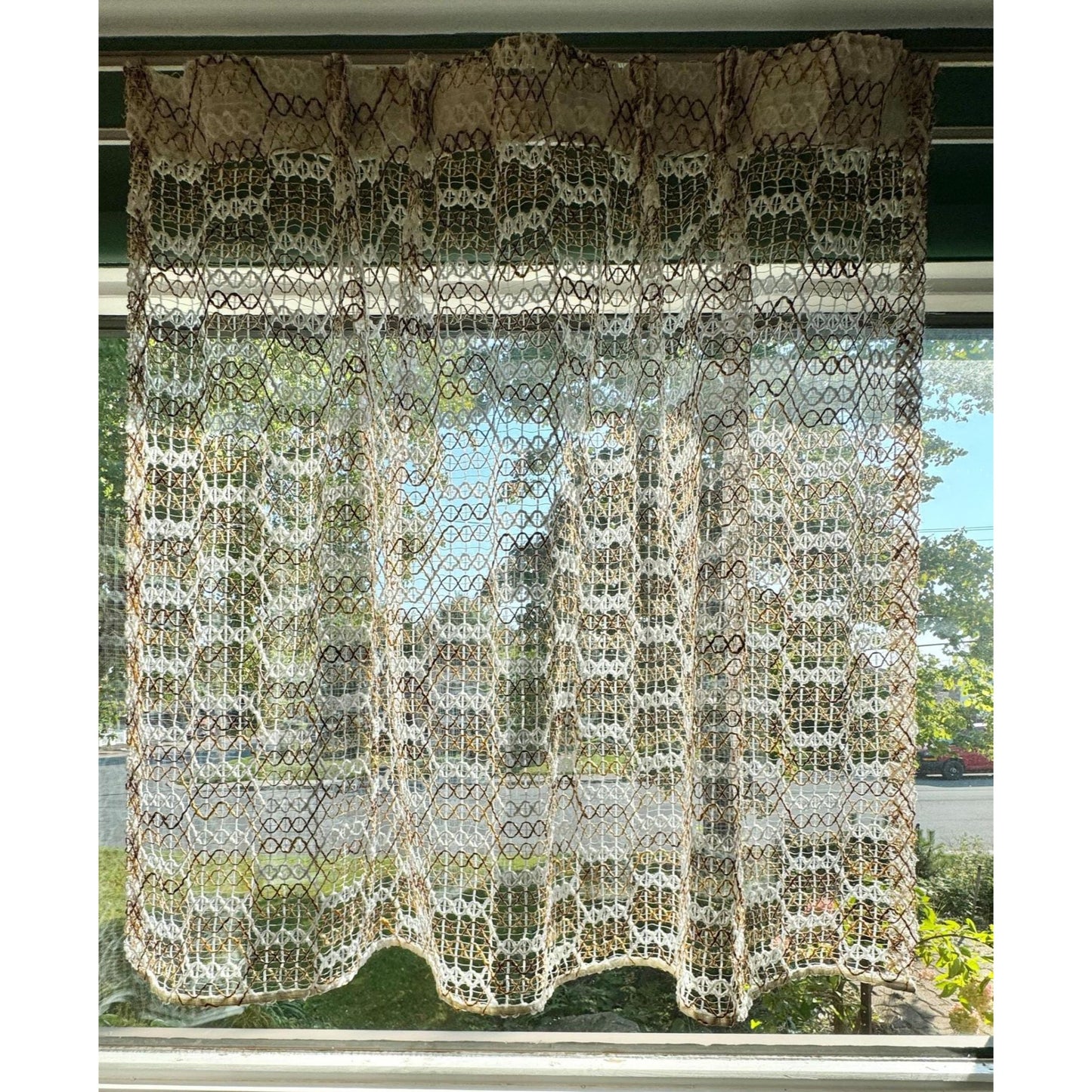 Vintage 70s pleated curtain, tan brown honeycomb pattern, open weave panel