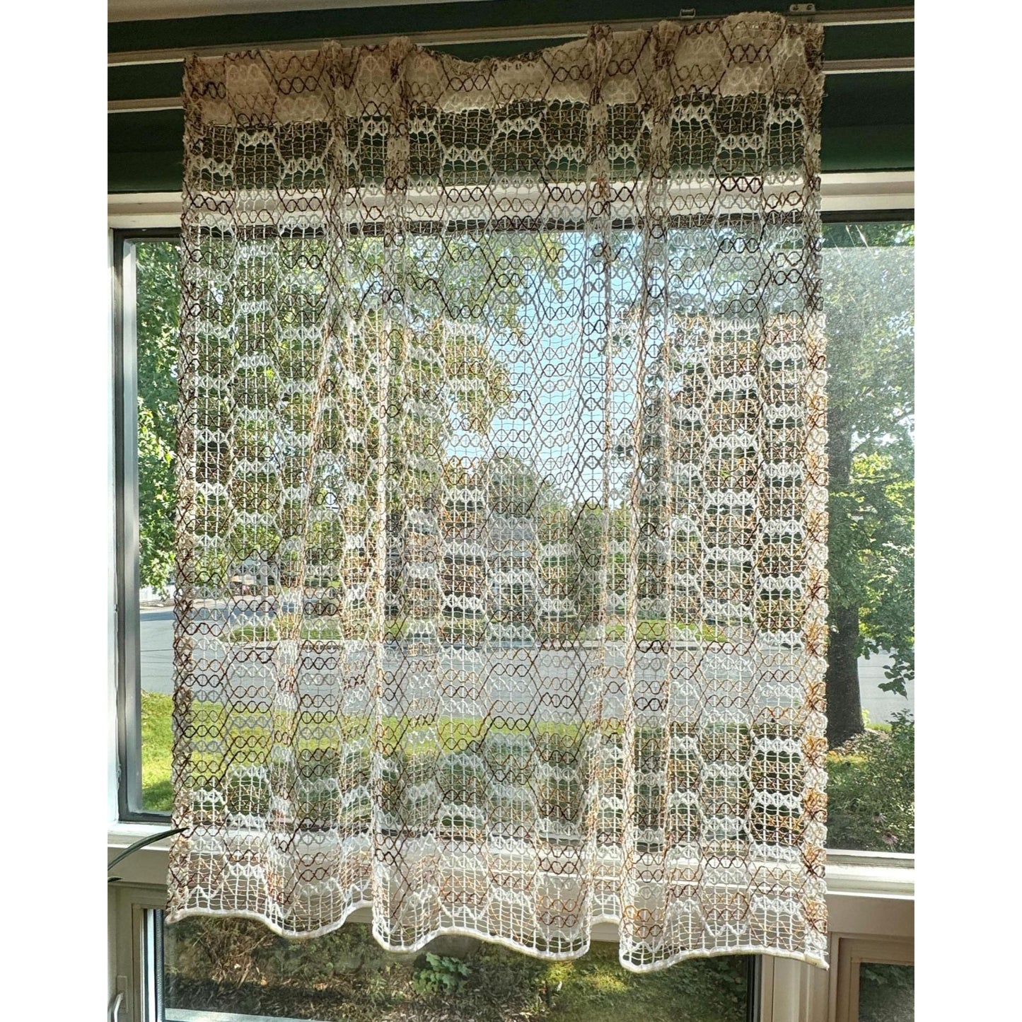 Vintage 70s pleated curtain, tan brown honeycomb pattern, open weave panel