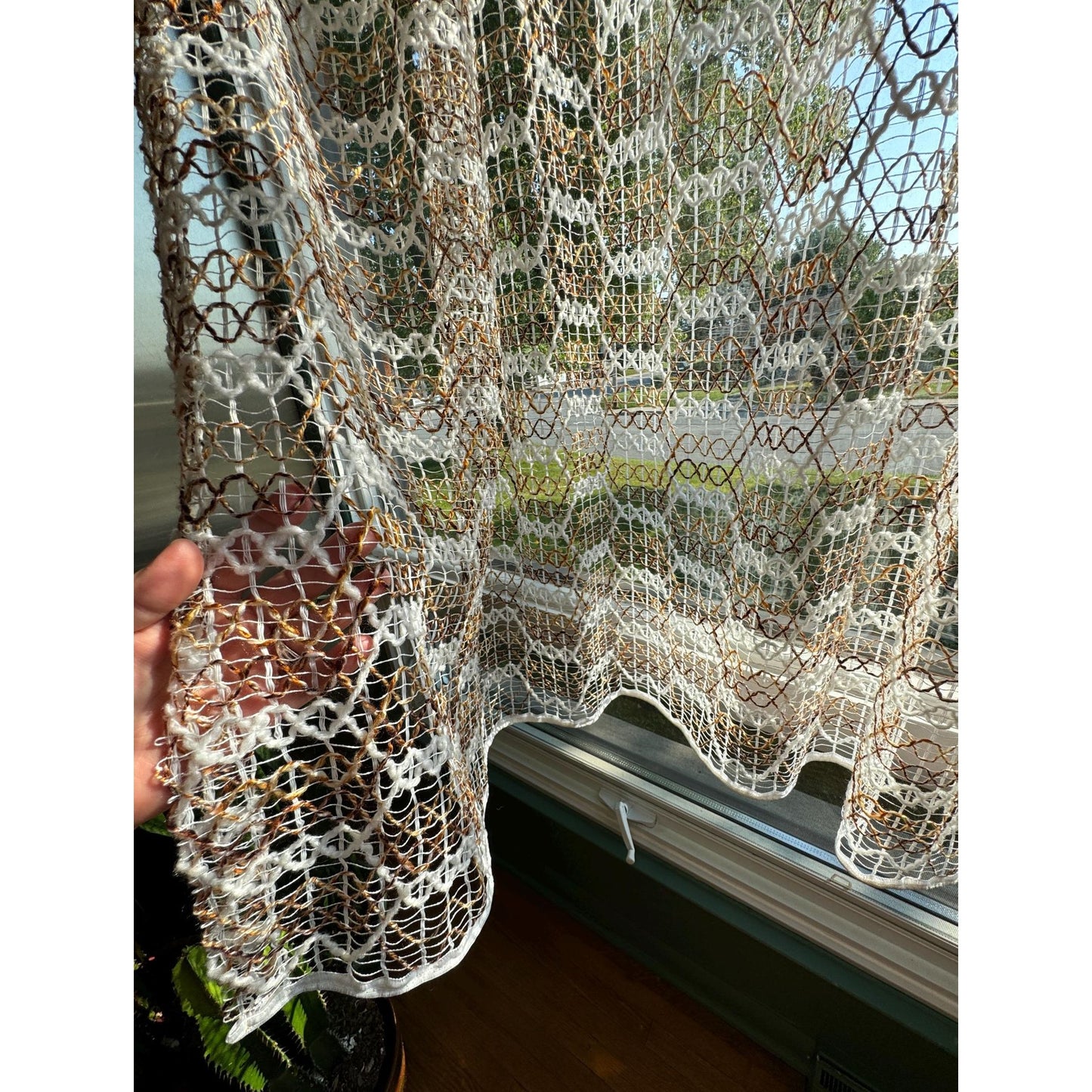 Vintage 70s pleated curtain, tan brown honeycomb pattern, open weave panel
