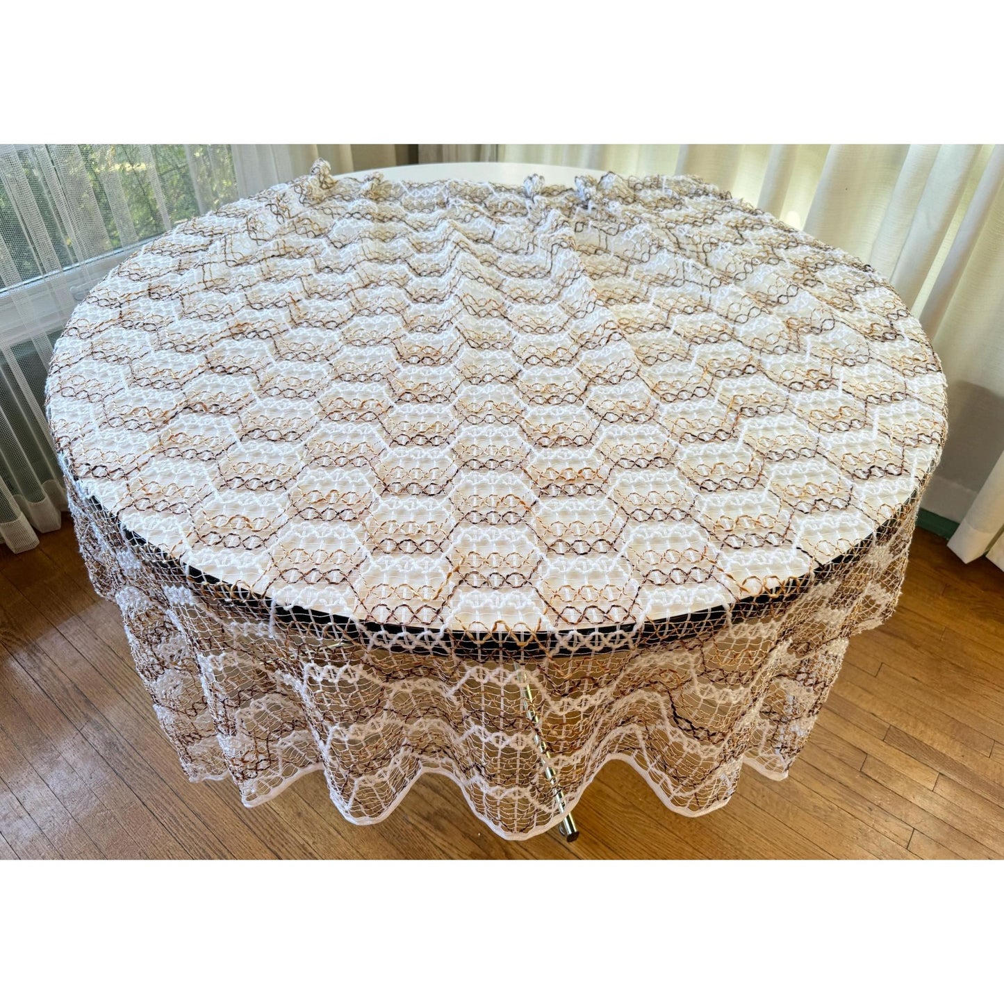 Vintage 70s pleated curtain, tan brown honeycomb pattern, open weave panel