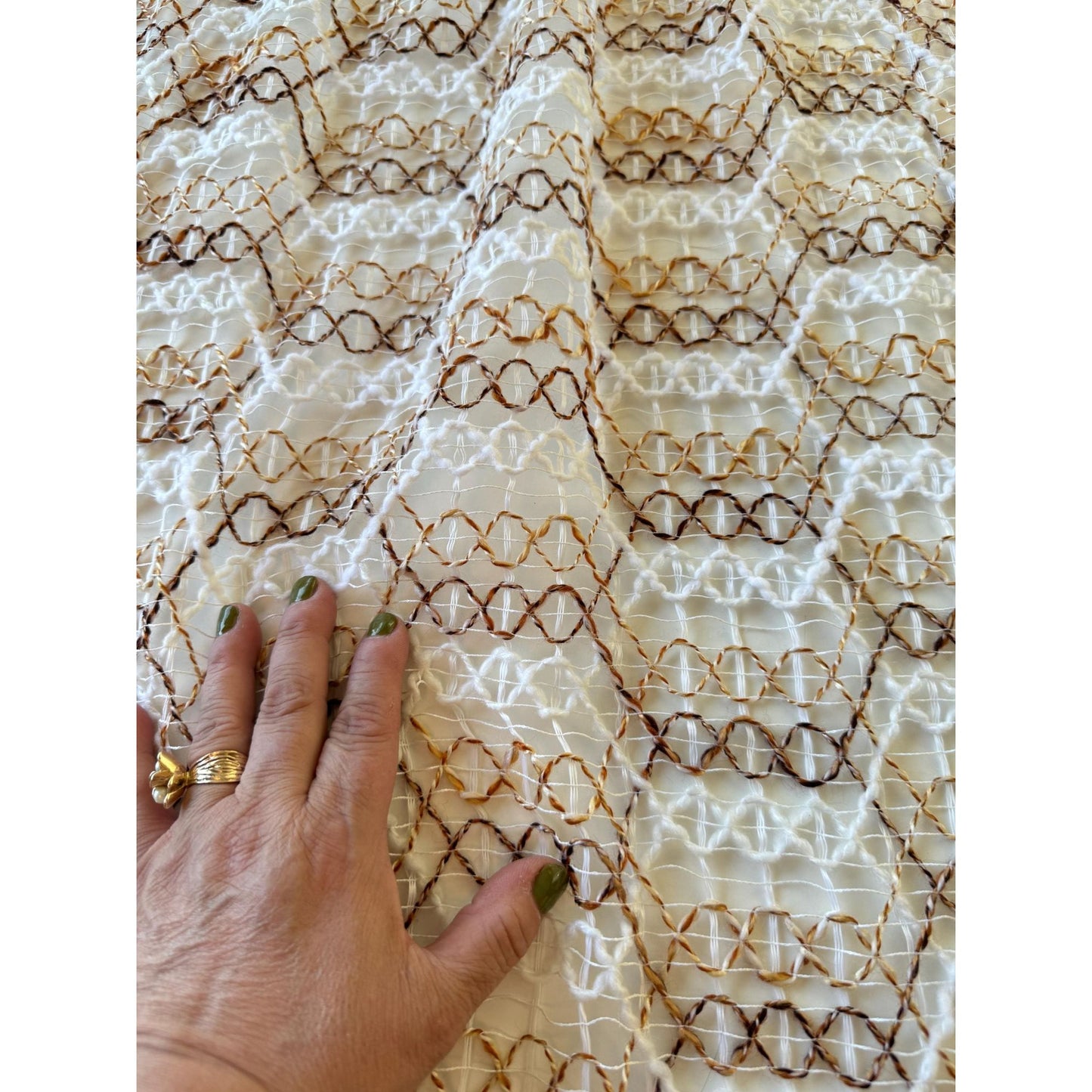 Vintage 70s pleated curtain, tan brown honeycomb pattern, open weave panel