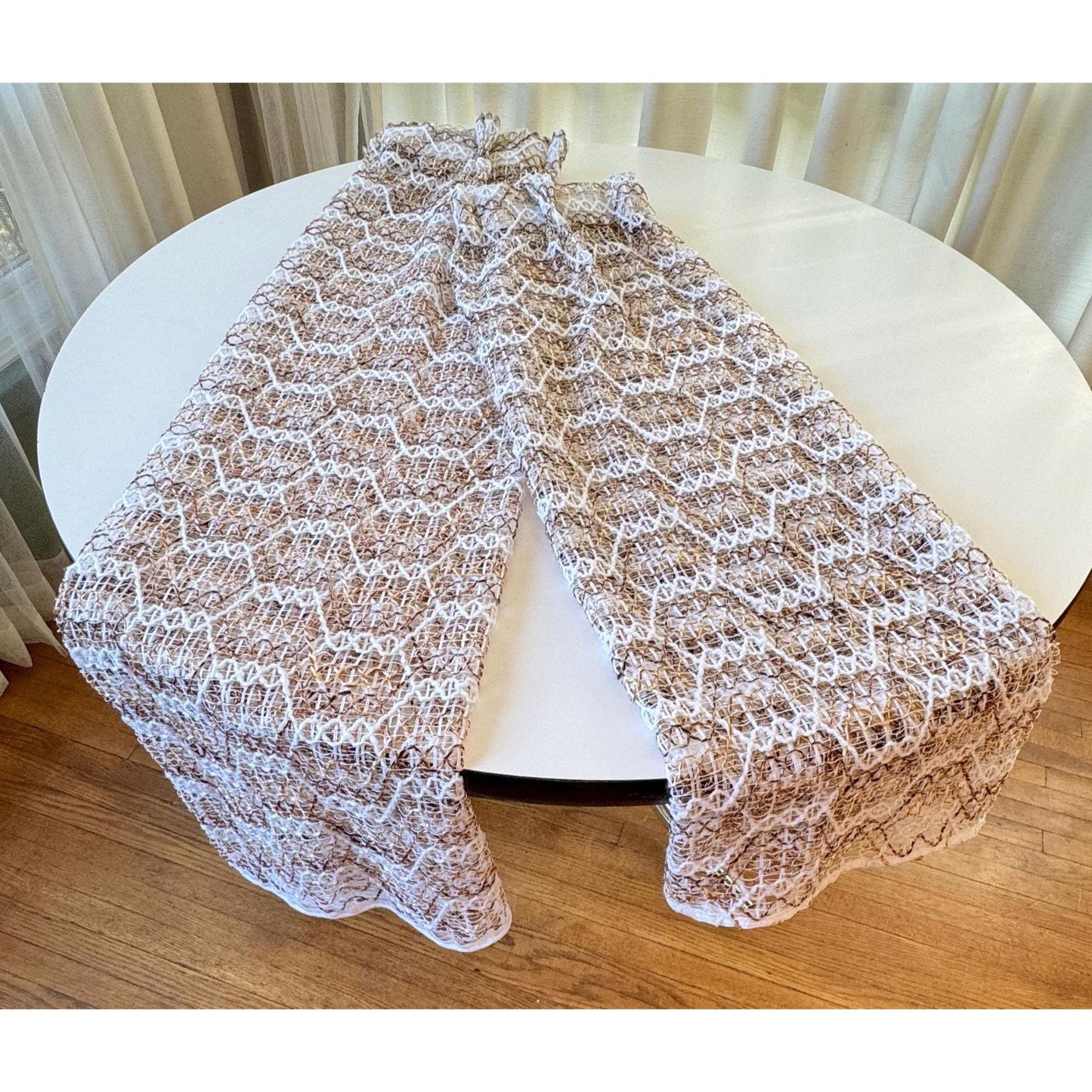 Vintage 70s pleated curtain, tan brown honeycomb pattern, open weave panel