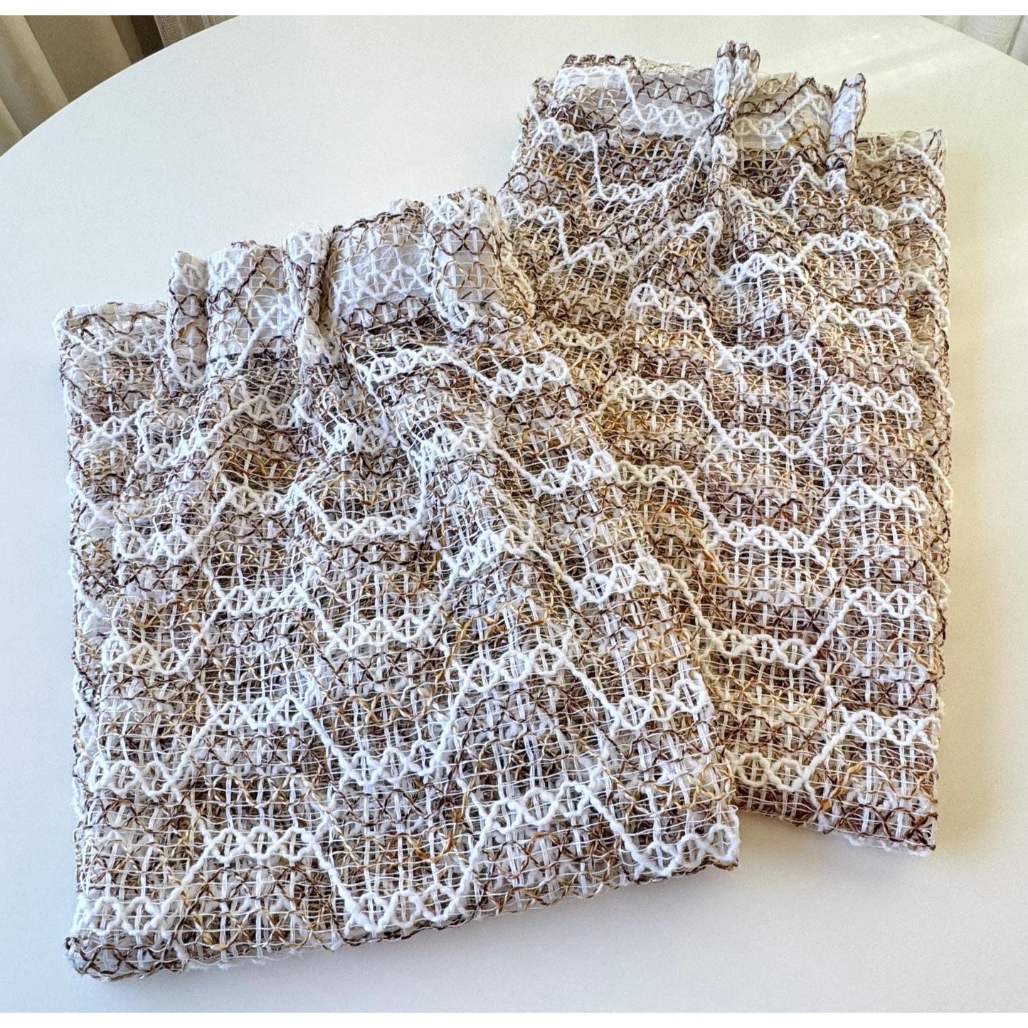 Vintage 70s pleated curtain, tan brown honeycomb pattern, open weave panel