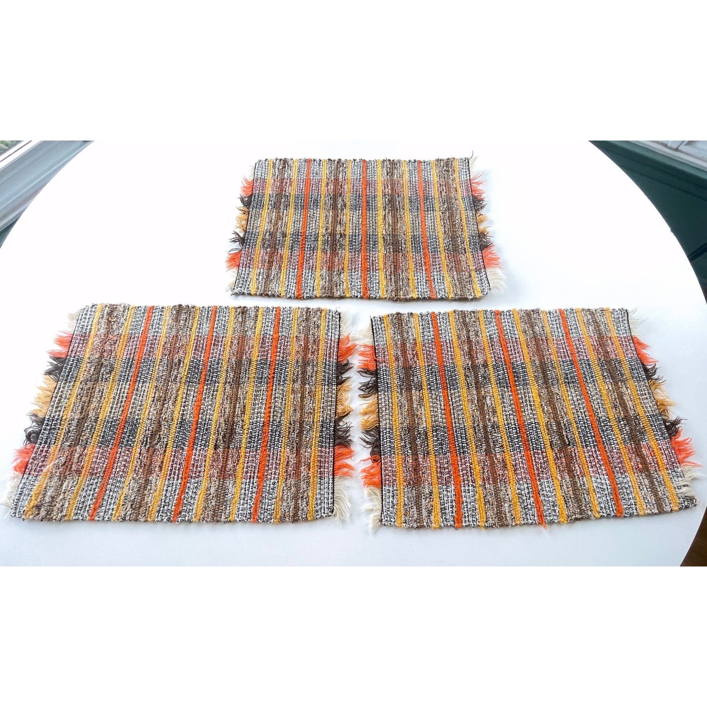 Vintage 80s placemats, woven brown orange white striped, set of 3