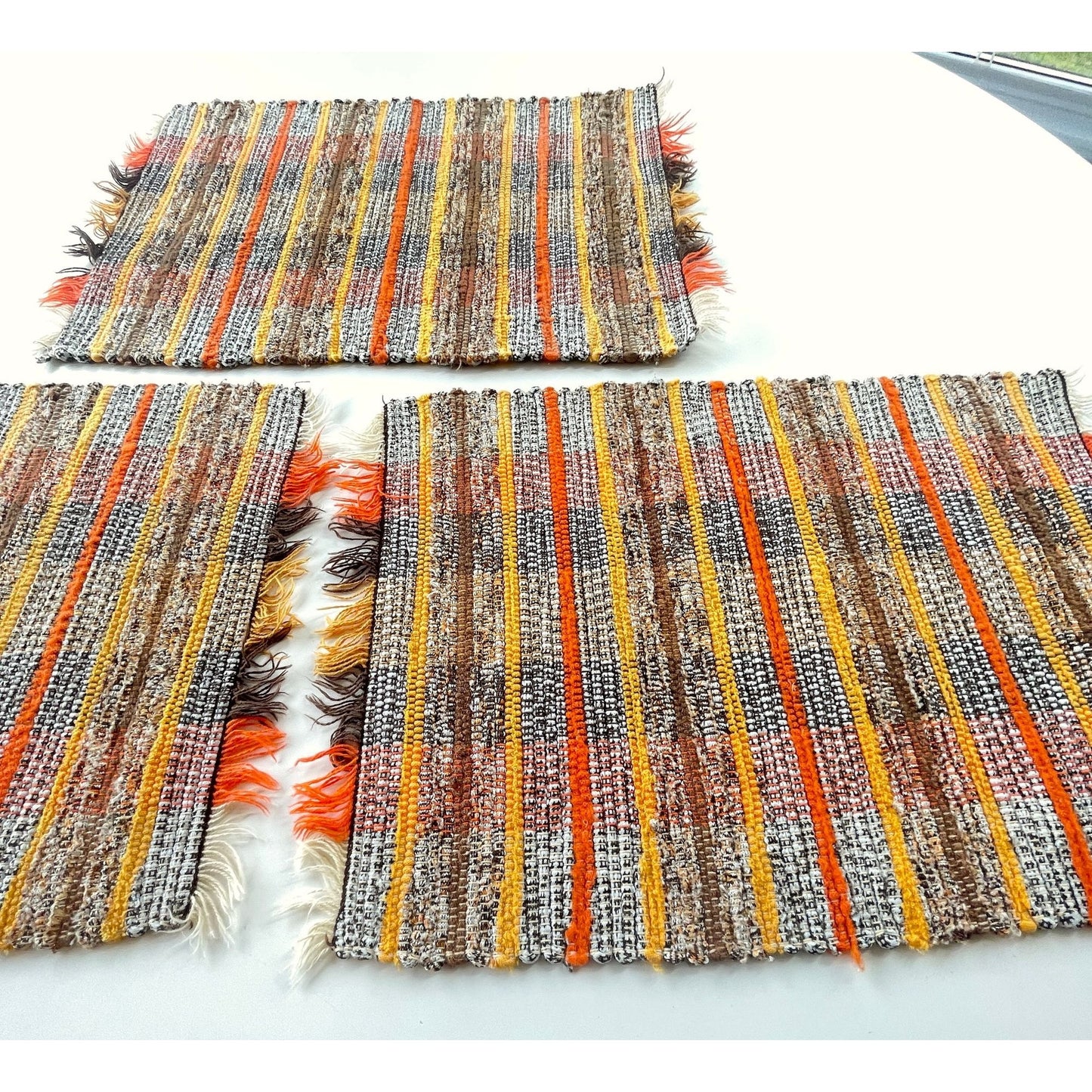 Vintage 80s placemats, woven brown orange white striped, set of 3
