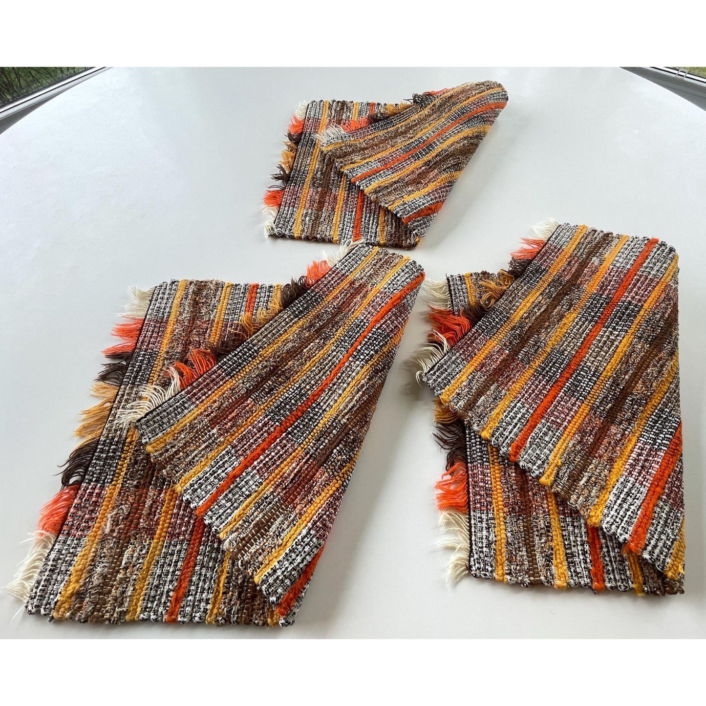 Vintage 80s placemats, woven brown orange white striped, set of 3