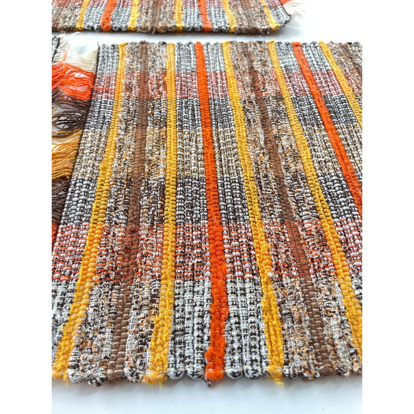 Vintage 80s placemats, woven brown orange white striped, set of 3
