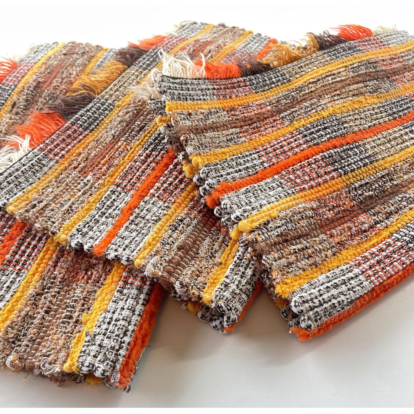Vintage 80s placemats, woven brown orange white striped, set of 3
